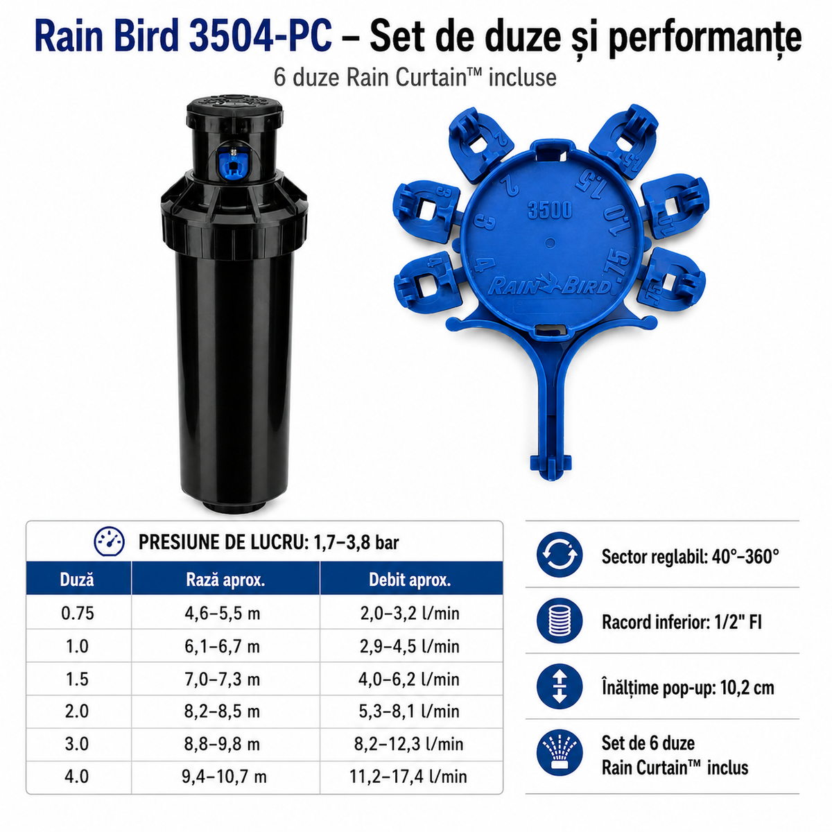 Aspersor rotativ Rain Bird 3504-PC – set duze inclus