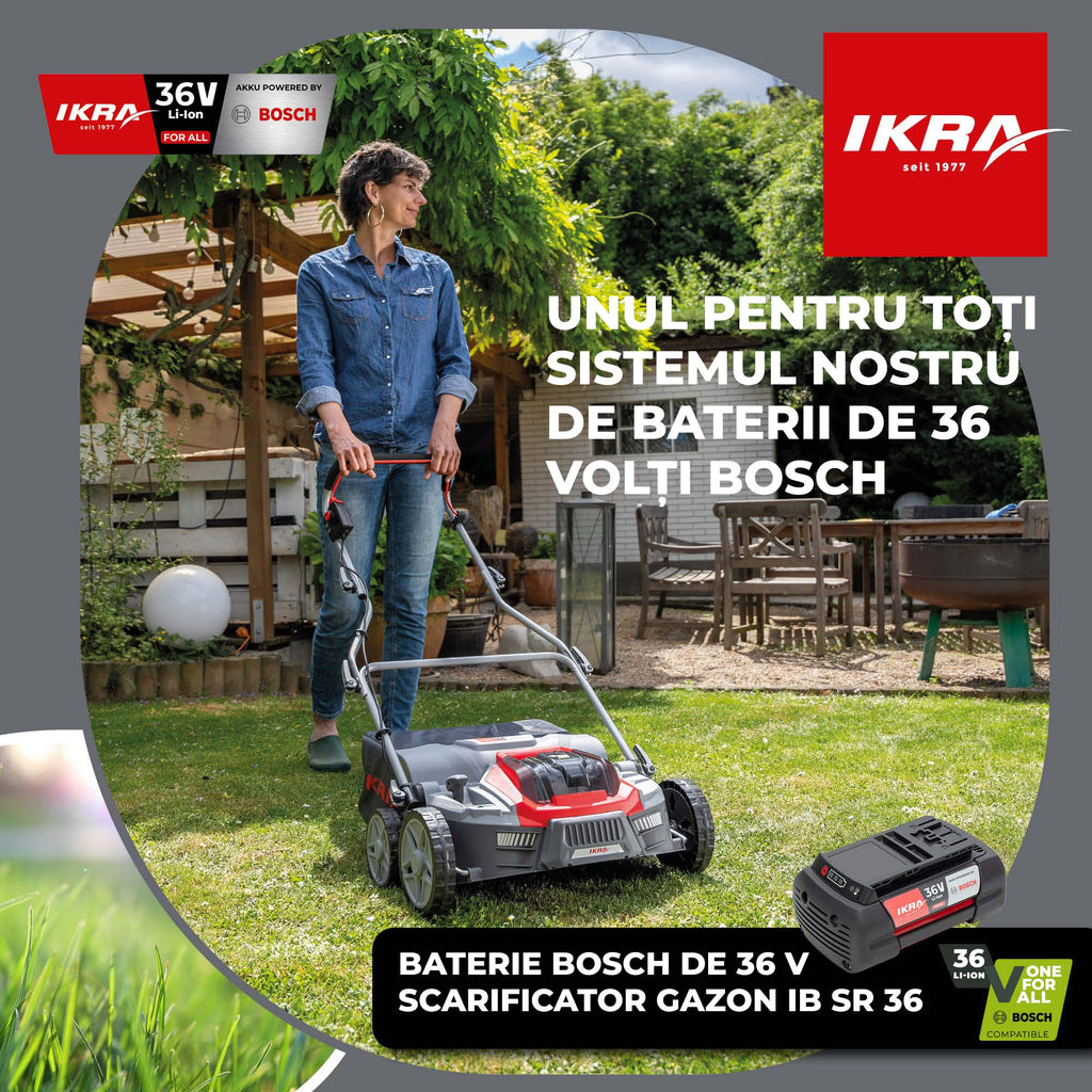 SCARIFICATOR GAZON bat. 36cm Ikra IB-SR 36 3-in-1 fara Incarcator fara Baterie 36V compatibil Bosch