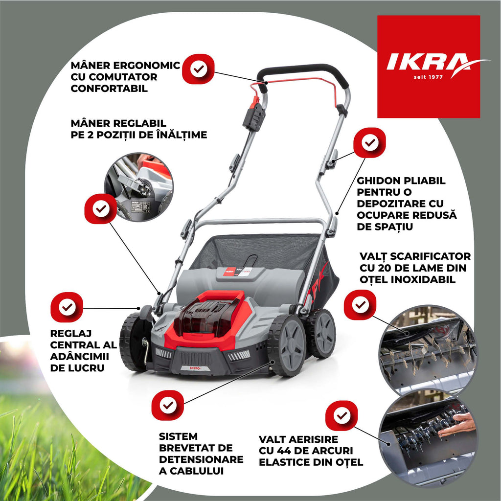SCARIFICATOR GAZON bat. 36cm Ikra IB-SR 36 3-in-1 fara Incarcator fara Baterie 36V compatibil Bosch