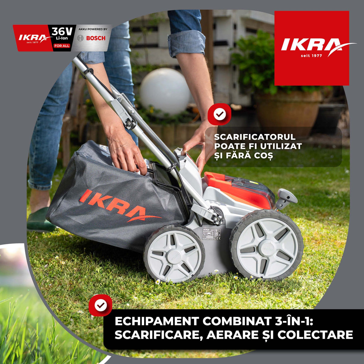 SCARIFICATOR GAZON bat. 36cm Ikra IB-SR 36 3-in-1 fara Incarcator fara Baterie 36V compatibil Bosch