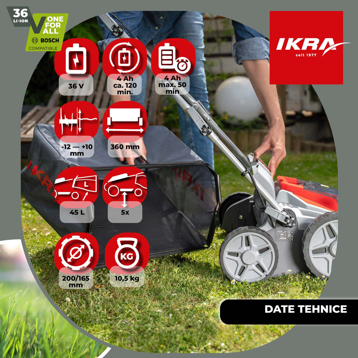SCARIFICATOR GAZON bat. 36cm Ikra IB-SR 36 3-in-1 fara Incarcator fara Baterie 36V compatibil Bosch